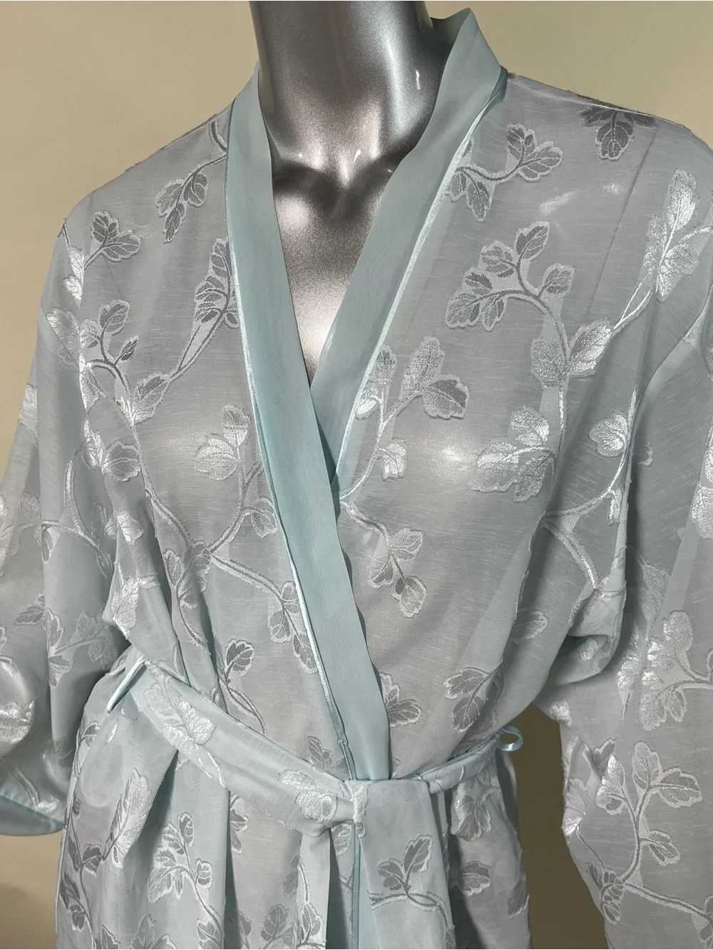Oscar de la Renta Pink Label Floral Semi Sheer Aqua Light Blue Long Robe LARGE